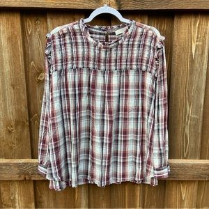 Loft Plus Plaid Smocked Long Sleeve Blouse